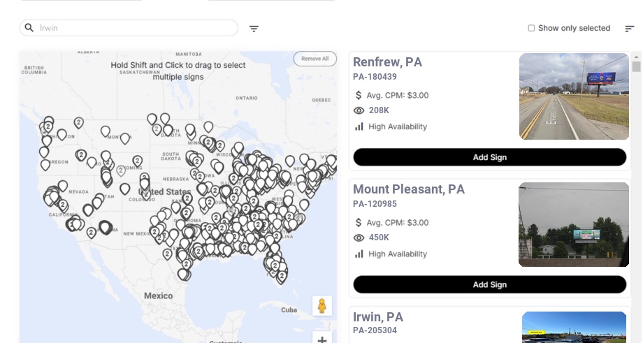 Billboard advertising in Irwin, Pennsylvania - Choose your favorite location