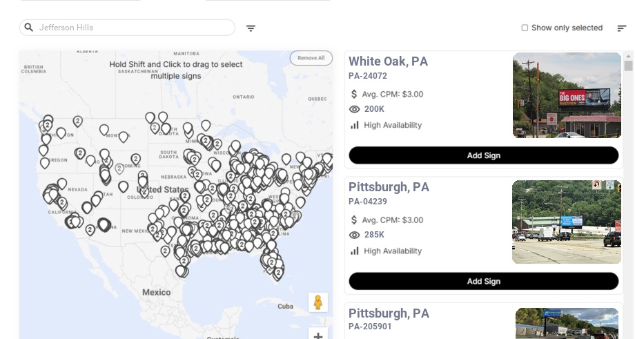Billboard advertising in Jefferson Hills Pa, Pennsylvania - Choose your favorite location