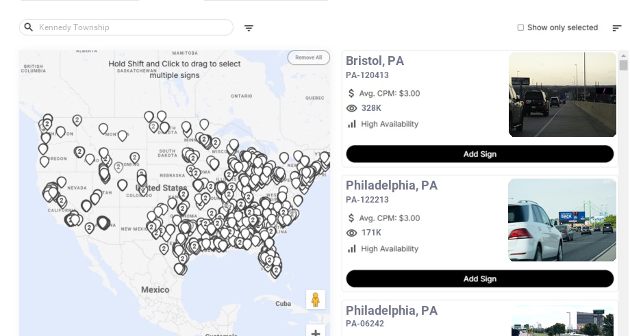 Billboard advertising in Kennedy Township Pa, Pennsylvania - Choose your favorite location