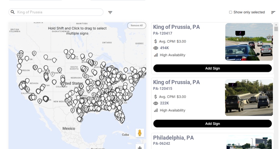 Billboard advertising in King Of Prussia Pa, Pennsylvania - Choose your favorite location