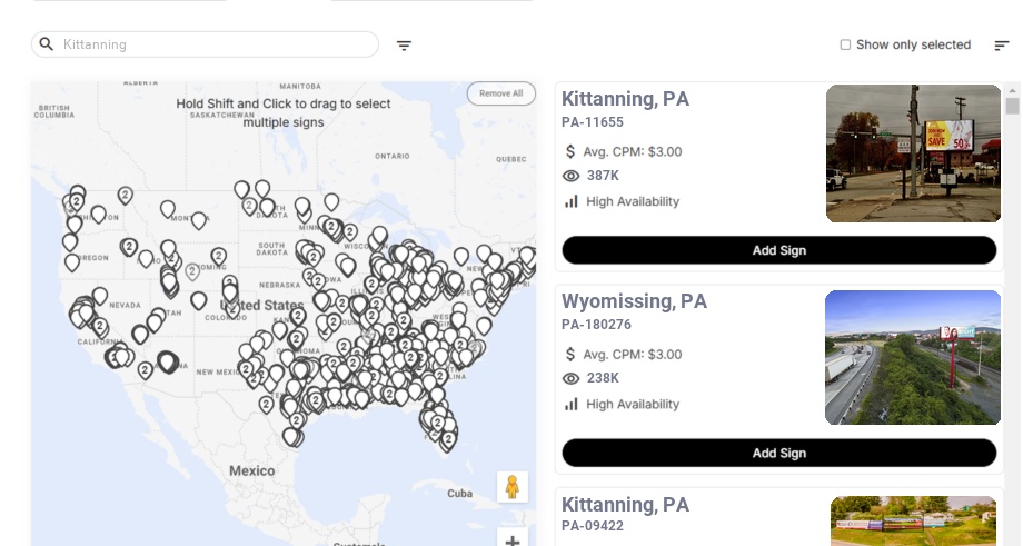 Billboard advertising in Kittanning, Pennsylvania - Choose your favorite location