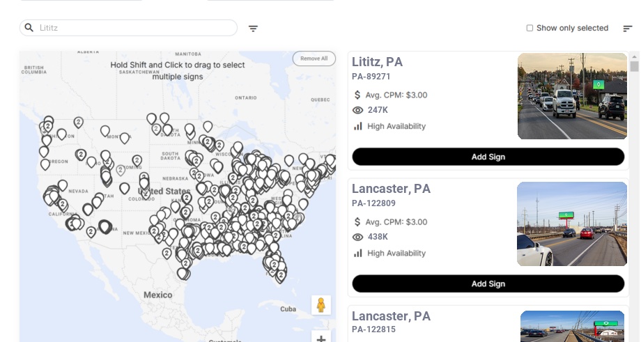 Billboard advertising in Lititz, Pennsylvania - Choose your favorite location