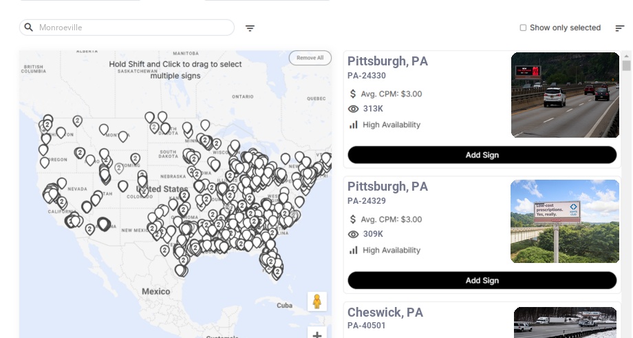Billboard advertising in Monroeville Pa, Pennsylvania - Choose your favorite location