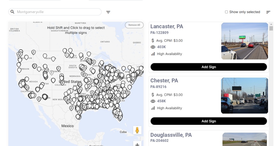 Billboard advertising in Montgomeryville Pa, Pennsylvania - Choose your favorite location