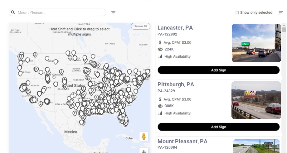 Billboard advertising in Mount Pleasant Pa, Pennsylvania - Choose your favorite location