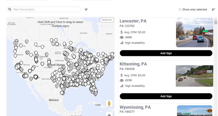 Billboard advertising in New Kensington, Pennsylvania - Choose your favorite location