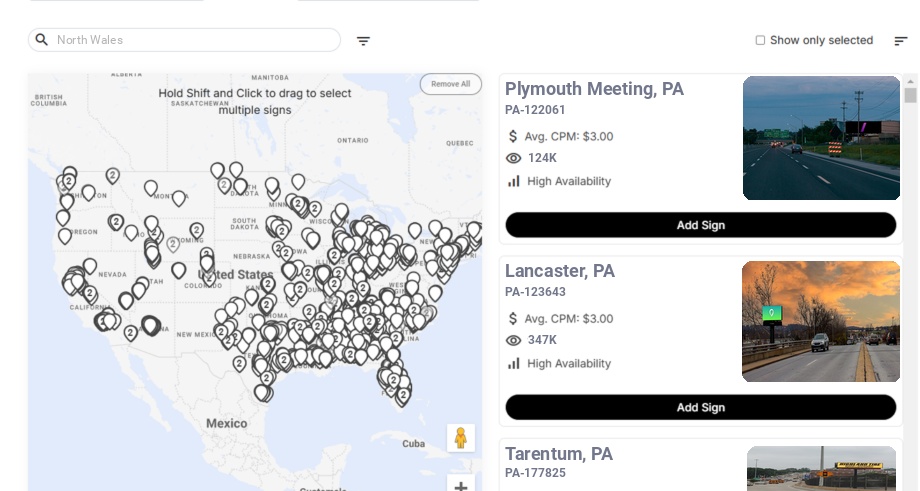 Billboard advertising in North Wales, Pennsylvania - Choose your favorite location
