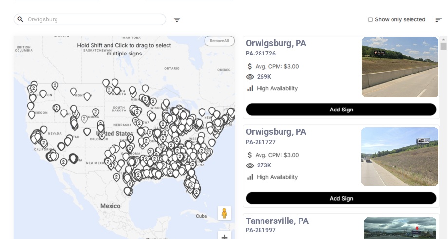 Billboard advertising in Orwigsburg Pa, Pennsylvania - Choose your favorite location
