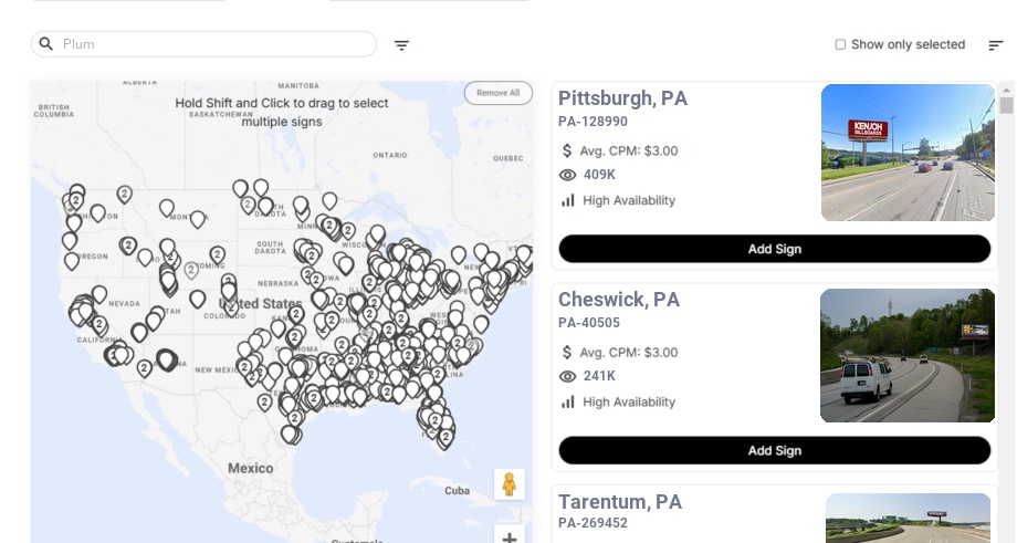 Billboard advertising in Plum Pa, Pennsylvania - Choose your favorite location
