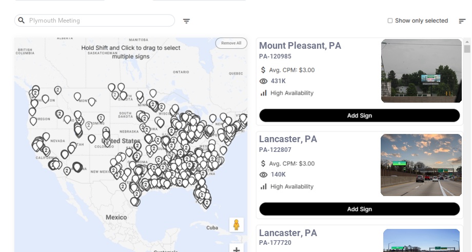 Billboard advertising in Plymouth Meeting, Pennsylvania - Choose your favorite location