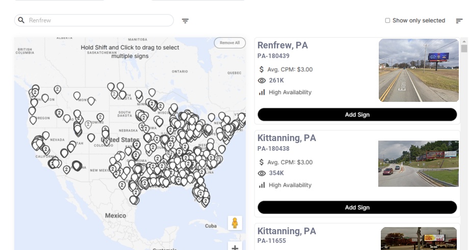 Billboard advertising in Renfrew Pa, Pennsylvania - Choose your favorite location