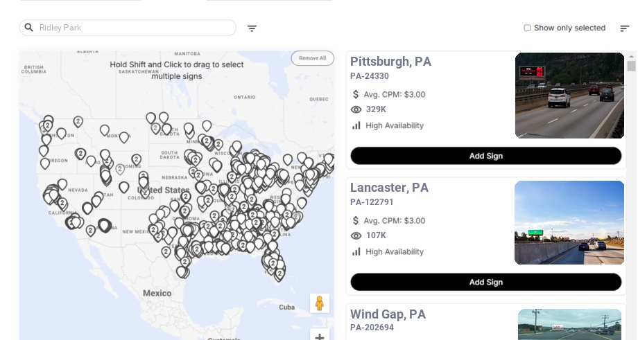 Billboard advertising in Ridley Park Pa, Pennsylvania - Choose your favorite location