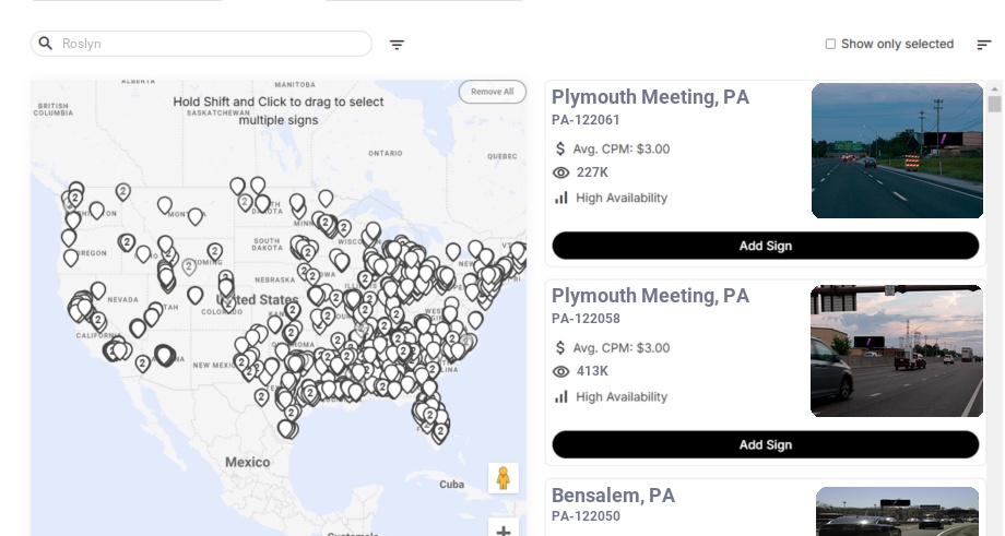 Billboard advertising in Roslyn Pa, Pennsylvania - Choose your favorite location