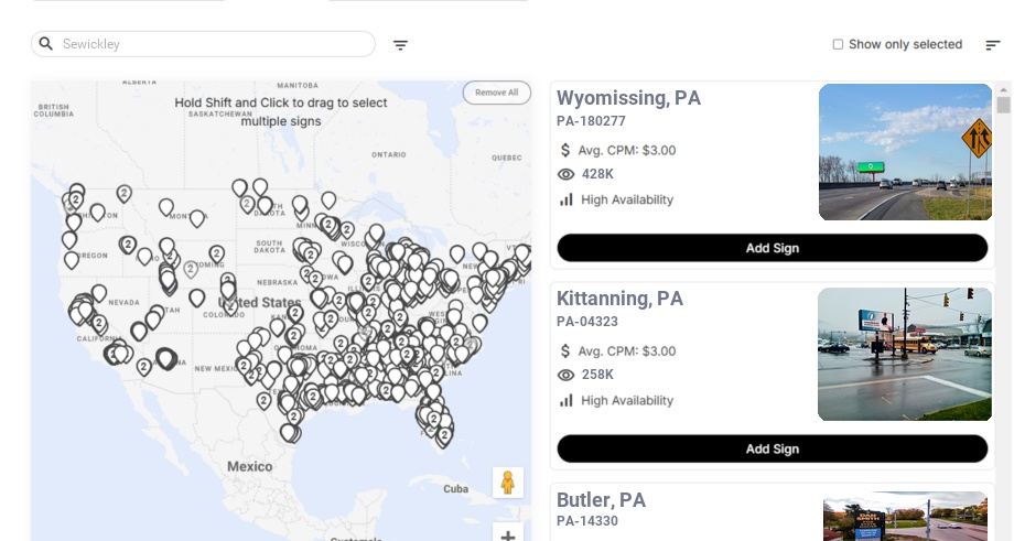 Billboard advertising in Sewickley Pa, Pennsylvania - Choose your favorite location