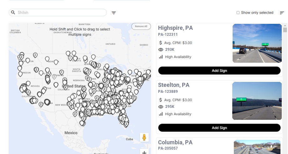 Billboard advertising in Shiloh Pa, Pennsylvania - Choose your favorite location