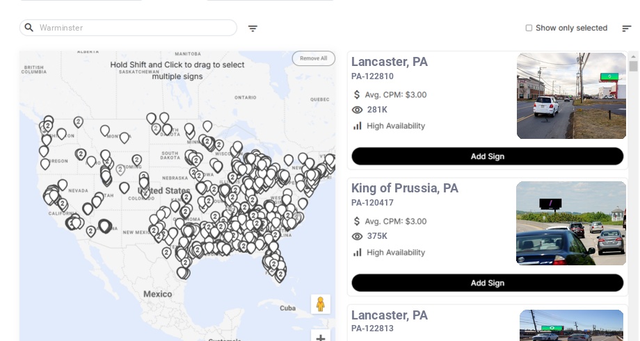 Billboard advertising in Warminster Pa, Pennsylvania - Choose your favorite location