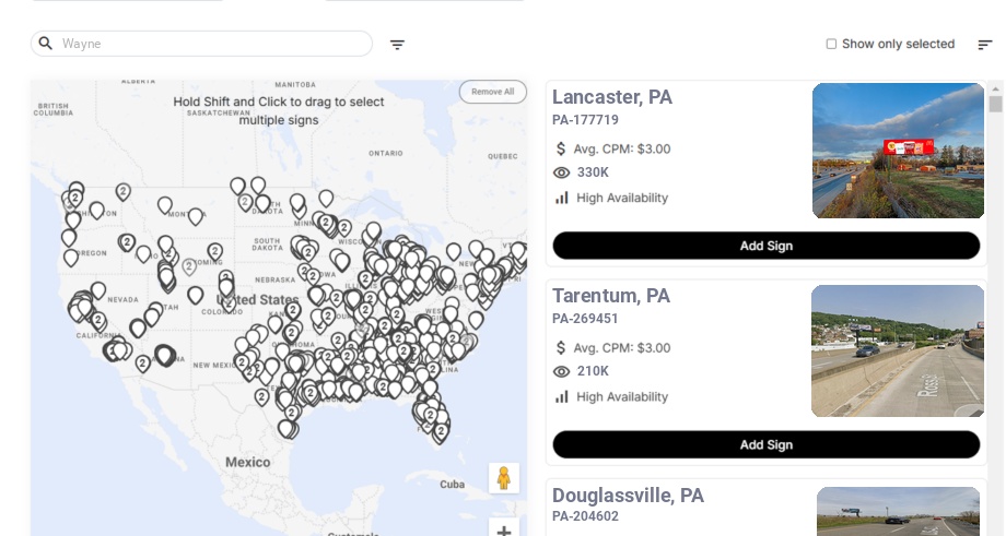 Billboard advertising in Wayne Pa, Pennsylvania - Choose your favorite location