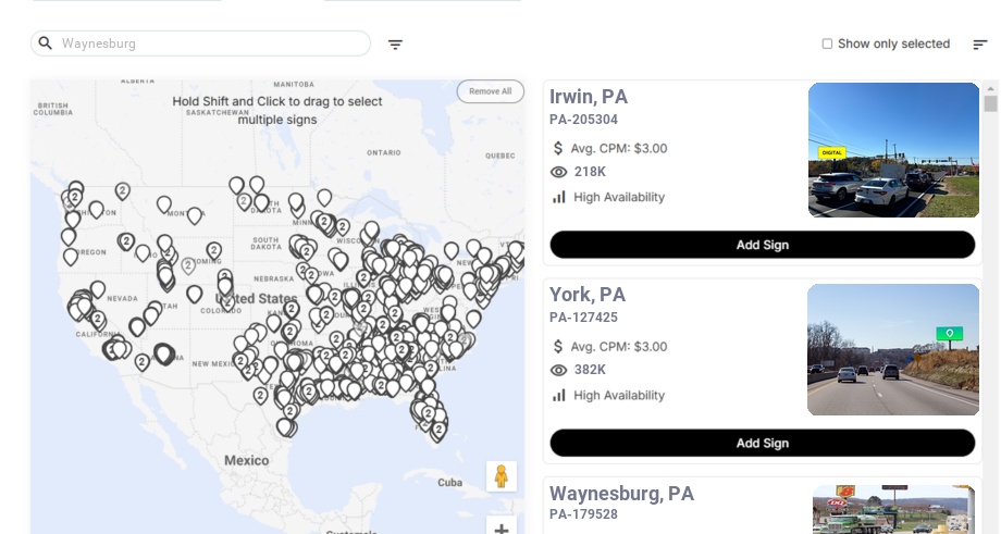 Billboard advertising in Waynesburg, Pennsylvania - Choose your favorite location