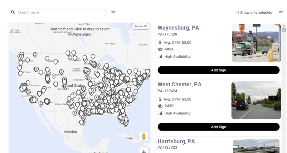 Billboard advertising in West Chester, Pennsylvania - Choose your favorite location