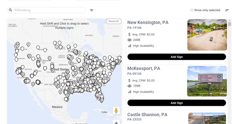 Billboard advertising in Wilkinsburg Pa, Pennsylvania - Choose your favorite location