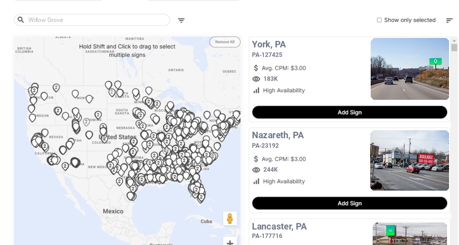 Billboard advertising in Willow Grove Pa, Pennsylvania - Choose your favorite location