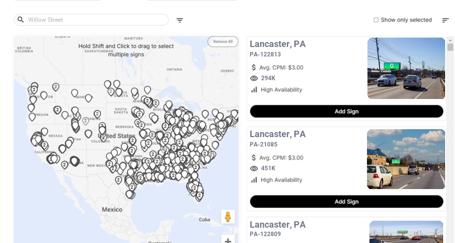 Billboard advertising in Willow Street Pa, Pennsylvania - Choose your favorite location