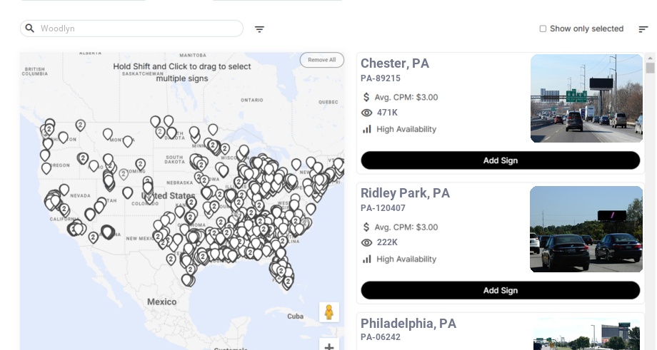 Billboard advertising in Woodlyn Pa, Pennsylvania - Choose your favorite location