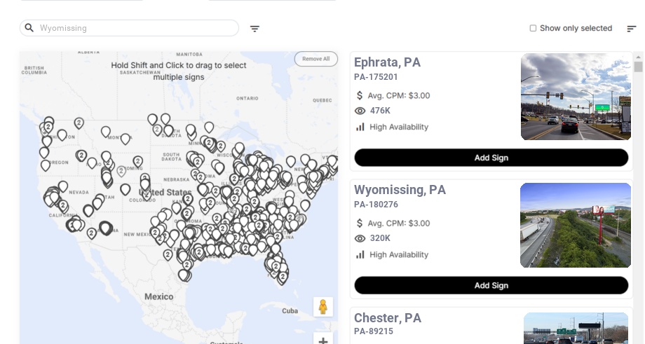 Billboard advertising in Wyomissing, Pennsylvania - Choose your favorite location