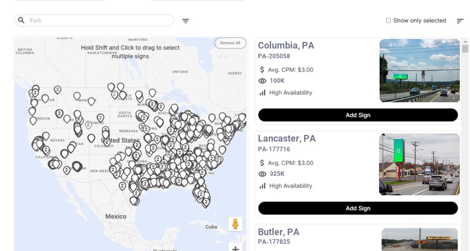Billboard advertising in York Pa, Pennsylvania - Choose your favorite location
