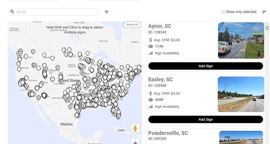 Billboard advertising in Aynor, South Carolina - Choose your favorite location
