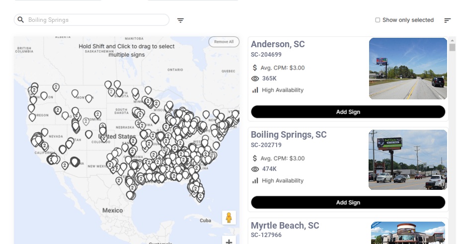 Billboard advertising in Boiling Springs Sc, South Carolina - Choose your favorite location
