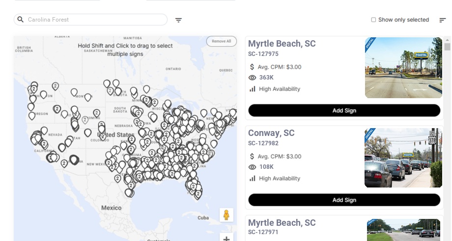 Billboard advertising in Carolina Forest Sc, South Carolina - Choose your favorite location