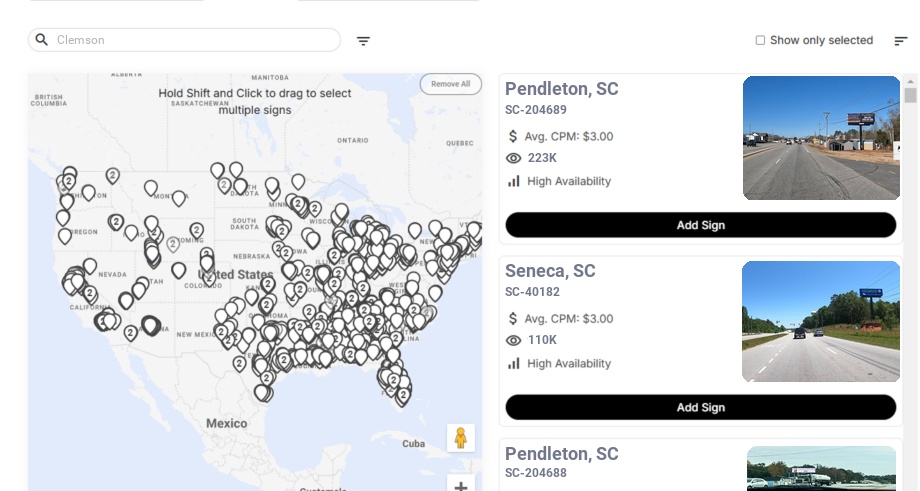 Billboard advertising in Clemson Sc, South Carolina - Choose your favorite location