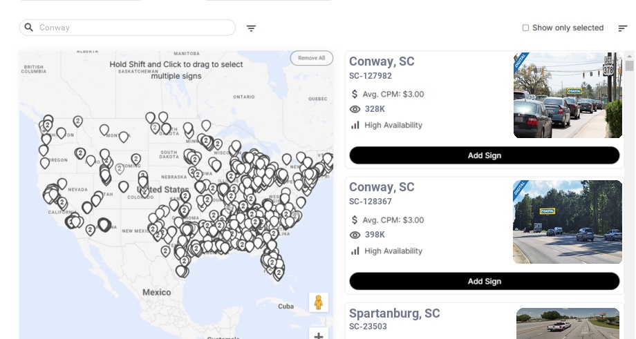 Billboard advertising in Conway, South Carolina - Choose your favorite location