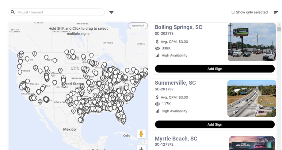 Billboard advertising in Mount Pleasant Sc, South Carolina - Choose your favorite location