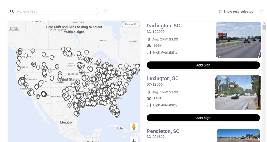 Billboard advertising in Murrells Inlet Sc, South Carolina - Choose your favorite location
