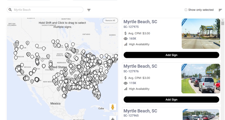Billboard advertising in Myrtle Beach, South Carolina - Choose your favorite location