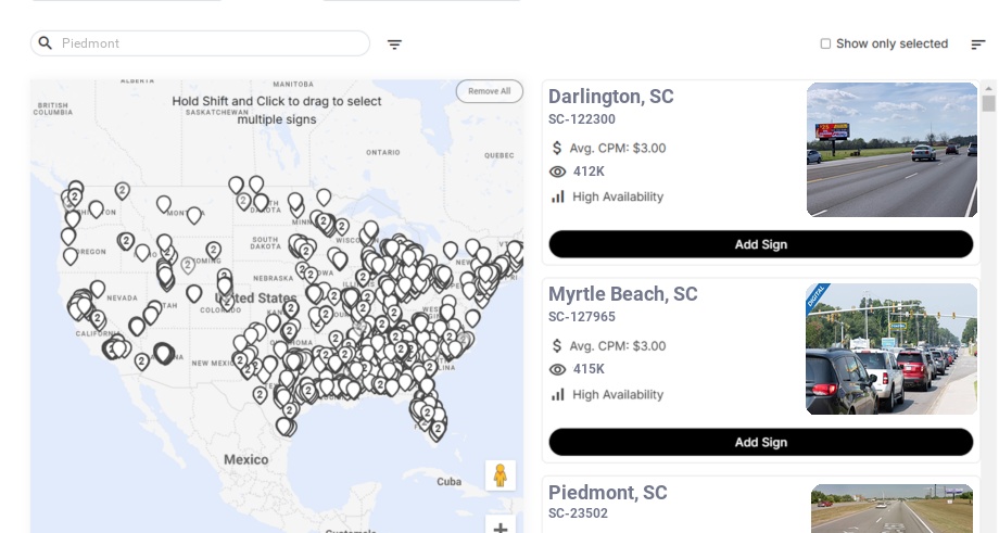 Billboard advertising in Piedmont, South Carolina - Choose your favorite location