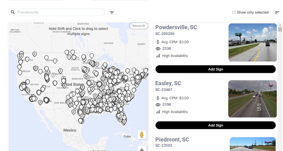 Billboard advertising in Powdersville Sc, South Carolina - Choose your favorite location