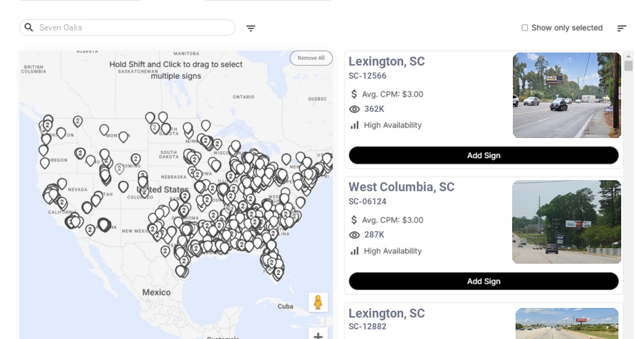 Billboard advertising in Seven Oaks Sc, South Carolina - Choose your favorite location