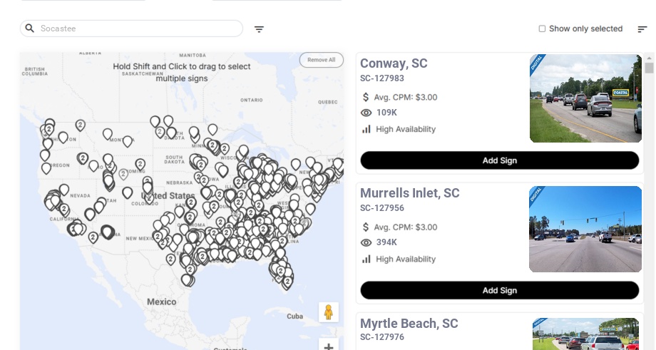 Billboard advertising in Socastee Sc, South Carolina - Choose your favorite location