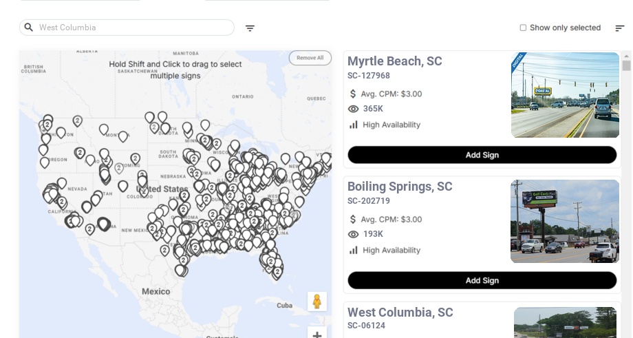 Billboard advertising in West Columbia, South Carolina - Choose your favorite location