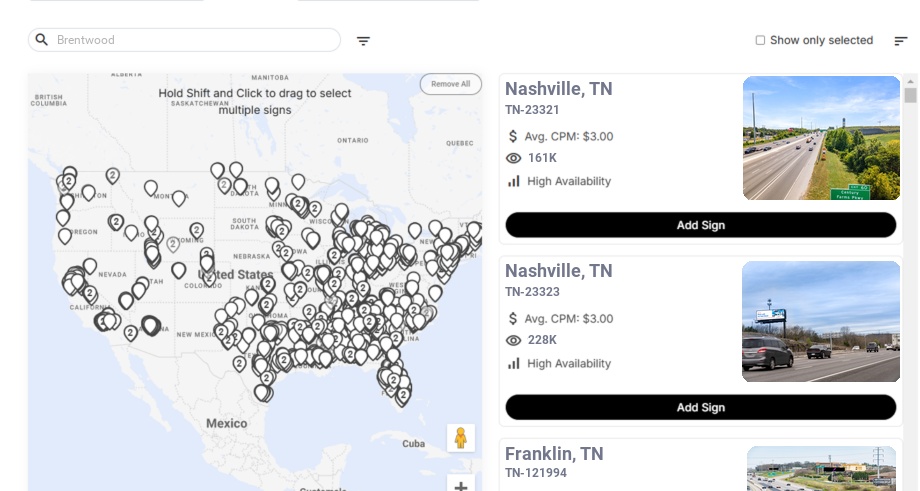 Billboard advertising in Brentwood Tn, Tennessee - Choose your favorite location