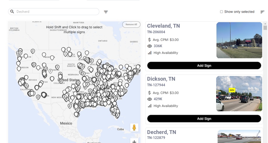 Billboard advertising in Decherd Tn, Tennessee - Choose your favorite location