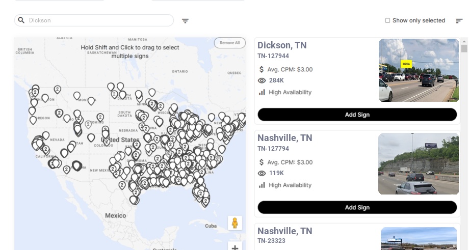 Billboard advertising in Dickson, Tennessee - Choose your favorite location