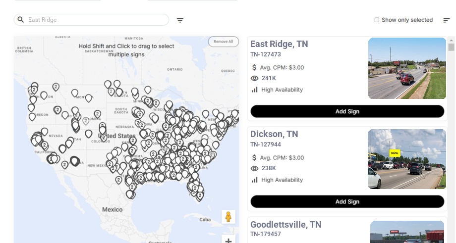 Billboard advertising in East Ridge, Tennessee - Choose your favorite location