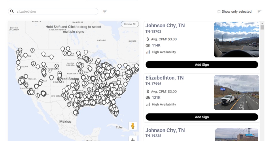 Billboard advertising in Elizabethton Tn, Tennessee - Choose your favorite location