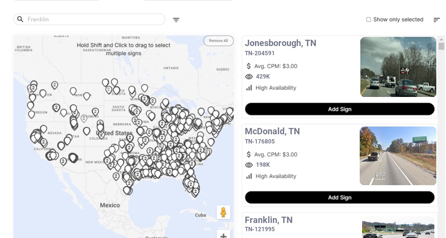 Billboard advertising in Franklin Tn, Tennessee - Choose your favorite location