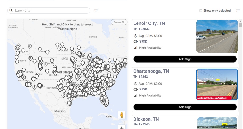 Billboard advertising in Lenoir City, Tennessee - Choose your favorite location