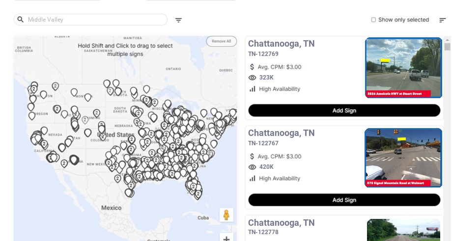 Billboard advertising in Middle Valley Tn, Tennessee - Choose your favorite location